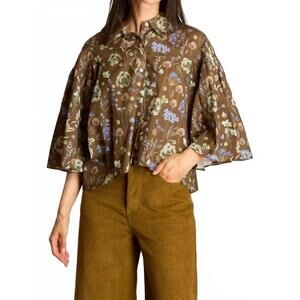NEW BEFORE YOU COLLECTION print poplin flowy sleeve blouse in brown